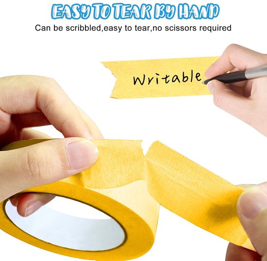 Gele masker tape wordt met de hand gescheurd. Tekst "Writable" staat op een klein stukje tape.