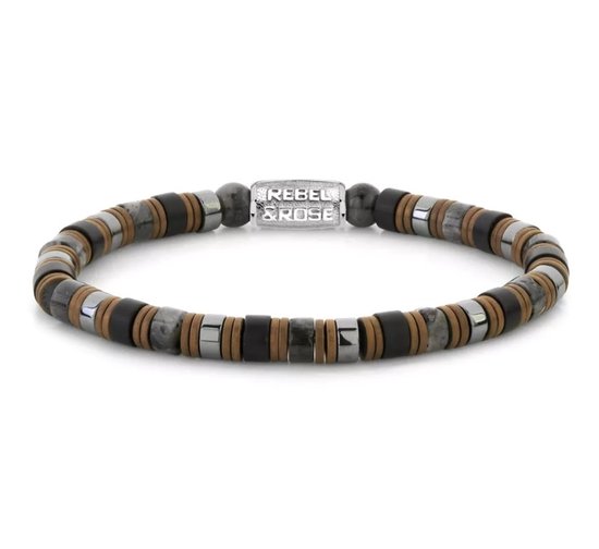 Armband met grijze en bruine kralen en metalen details. Sluiting met 'REBEL & ROSE' logo.