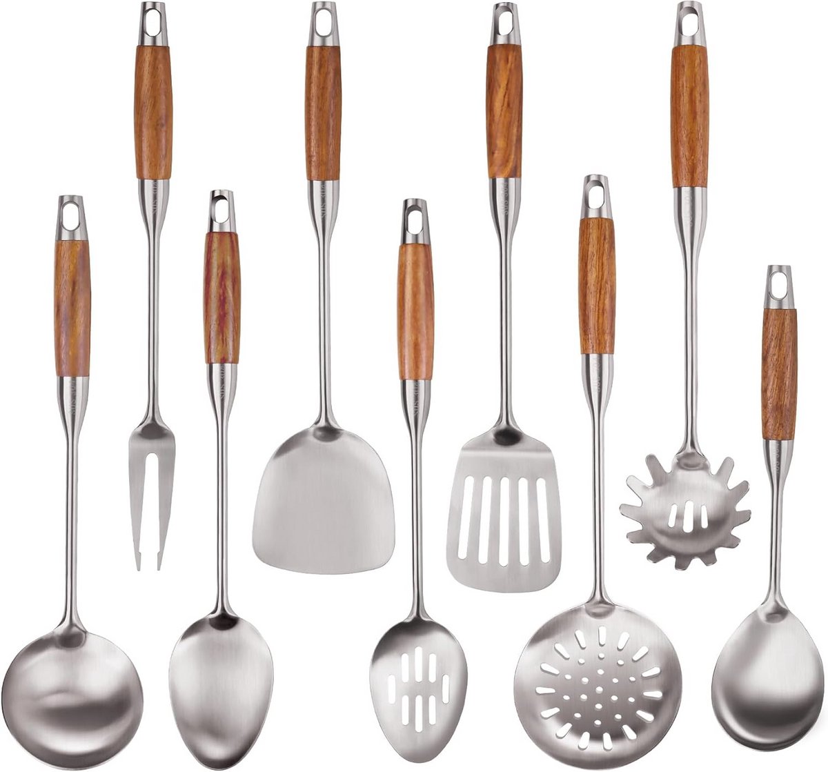 304 RVS Kookgerei Set met Houten Handvat - 9 delige Keuken Set