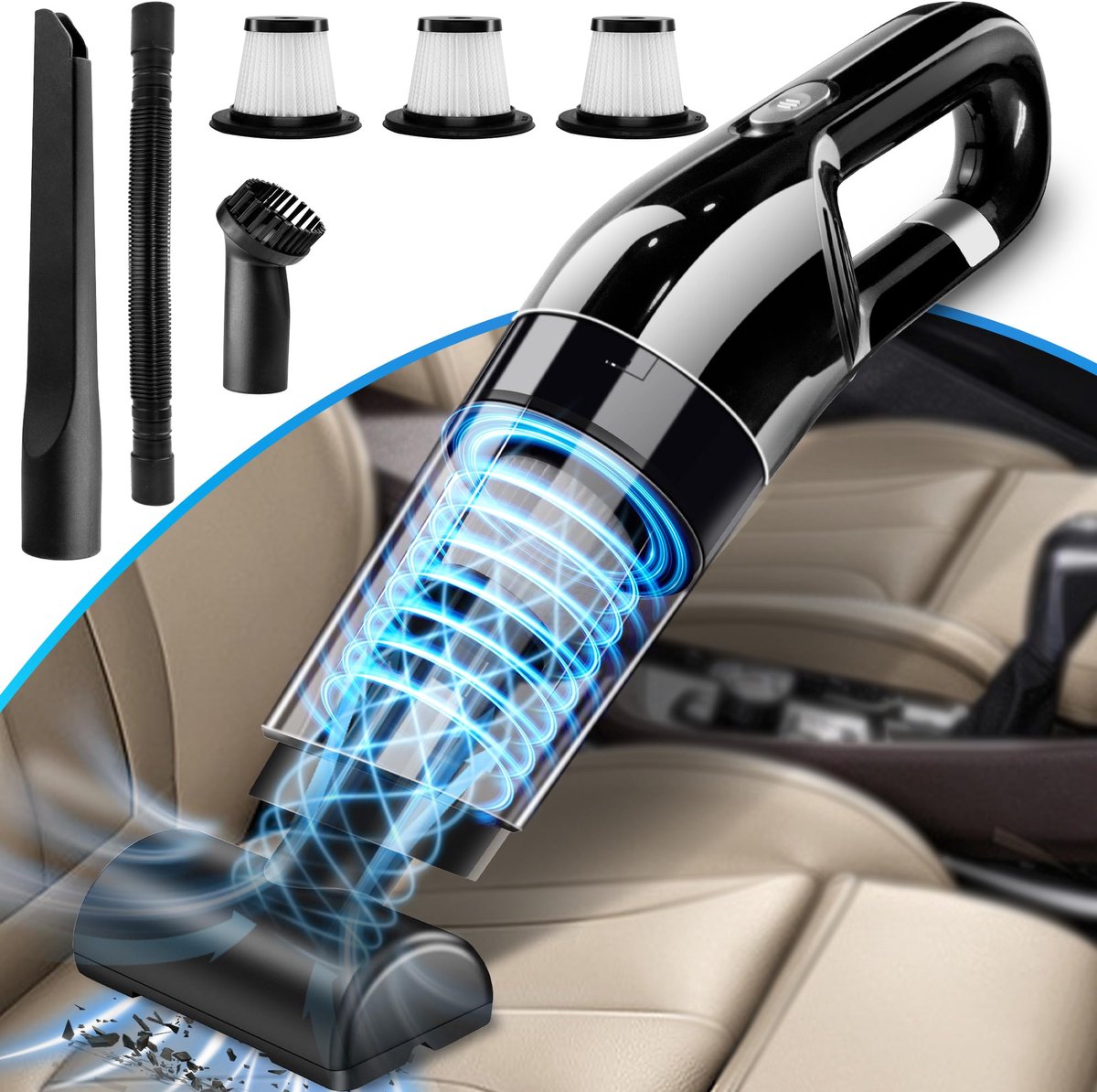 Sterke handstofzuiger, 10000 Pa mini handstofzuiger voor in de auto, multifunctioneel, lichtgewicht, draagbare autostofzuiger, draadloos met 3 HEPA-filters, batterij, natte en droge handen