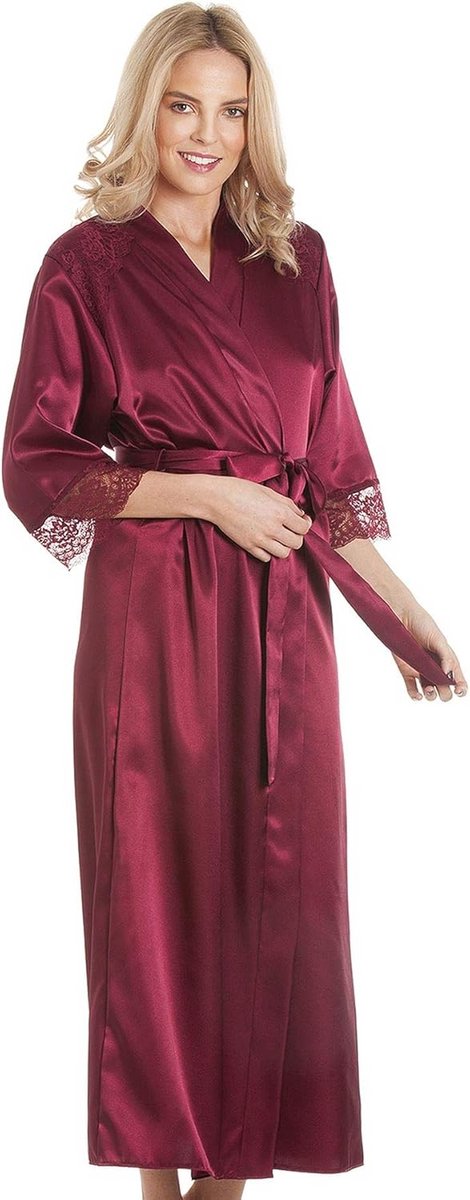 Lange dames ochtendjas satijn met ceintuur en kanten details