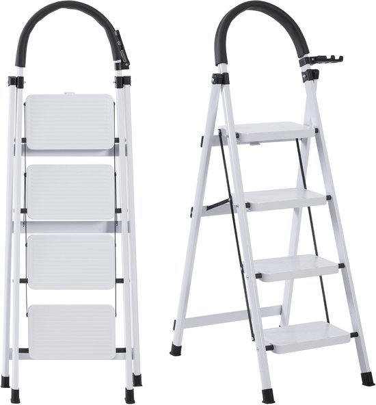 Een witte vouwladder met vier treden, getoond aan de voorkant en in een open stand.