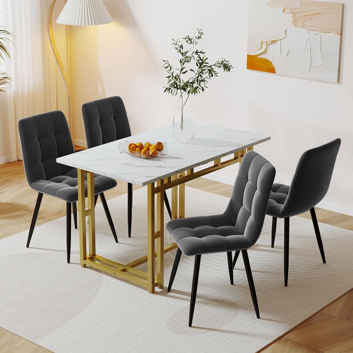Eettafel Set 120x70 cm met 4 Stoelen - Witte Tafel met Gouden Poten, Fluwelen Eetkamerstoelen