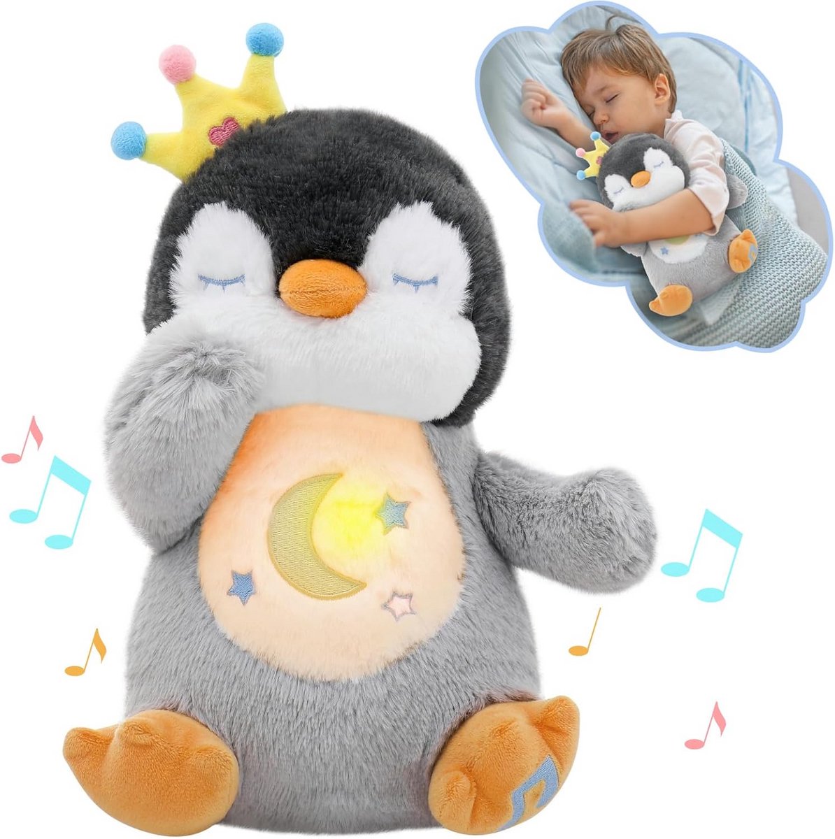 Kalmerend Sluimer Knuffeldier Pinguïn met Ademhaling & Muziek voor Baby's