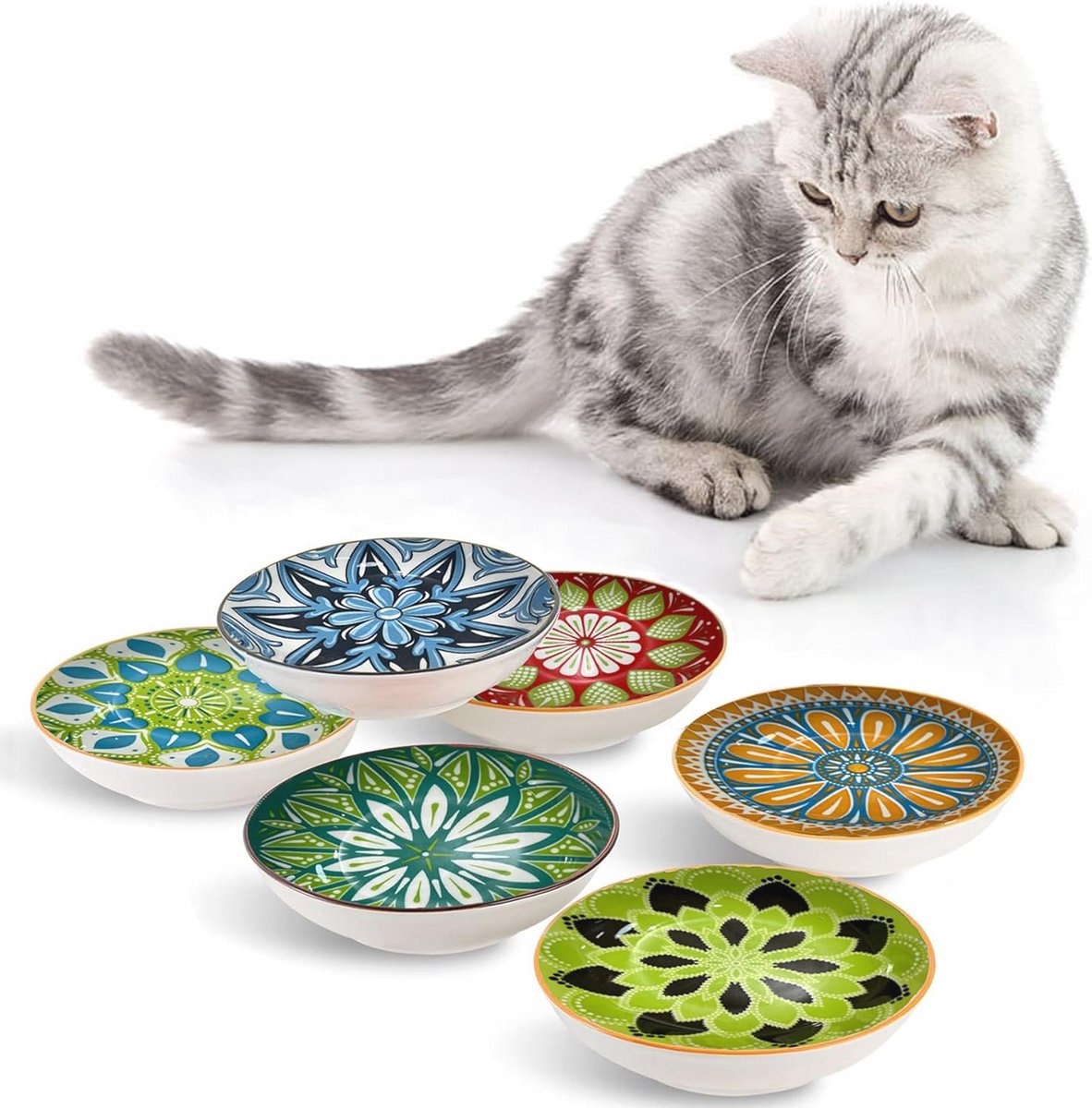 Set van 6 platte keramische kattenbakken van 14 cm voor water, droogvoer en natvoer