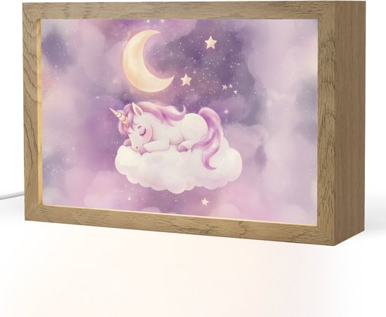 Nachtlampje 30x20 cm - Kinder lampje - Eenhoorn - Paars - Sterrenhemel - Maan - Tafellamp kinderkamer - Slaapkamer lamp - Bedlamp kinderen - Kinderlampje stopcontact - Wandlamp babykamer - Nachtlampjes