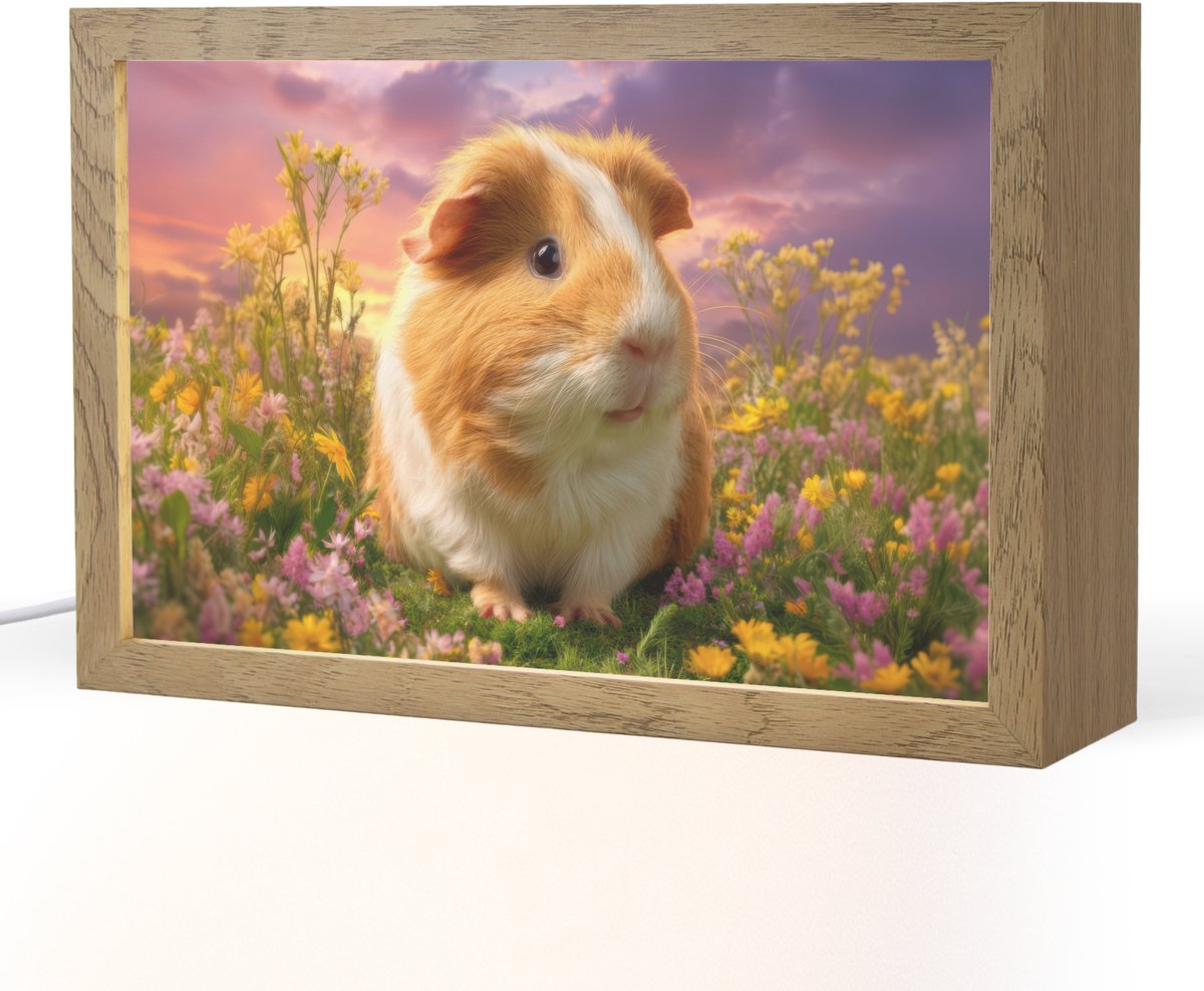Nachtlampje 30x20 cm - Kinder lampje - Cavia - Kleurrijk - Bloemen - Tafellamp kinderkamer