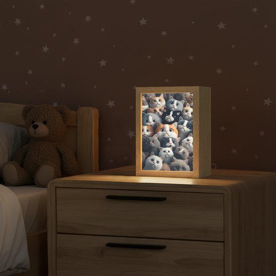Nachtlampje 15x20 cm - Kinder lamp - Kat - Dieren - Poes - Grijs - Patronen - Kind - Tafellamp kinderkamer - Slaapkamer lamp - Bedlamp kinderen - Kinderlampje stopcontact - Wandlamp babykamer - Nachtlampjes van Merkloos — afbeelding 2