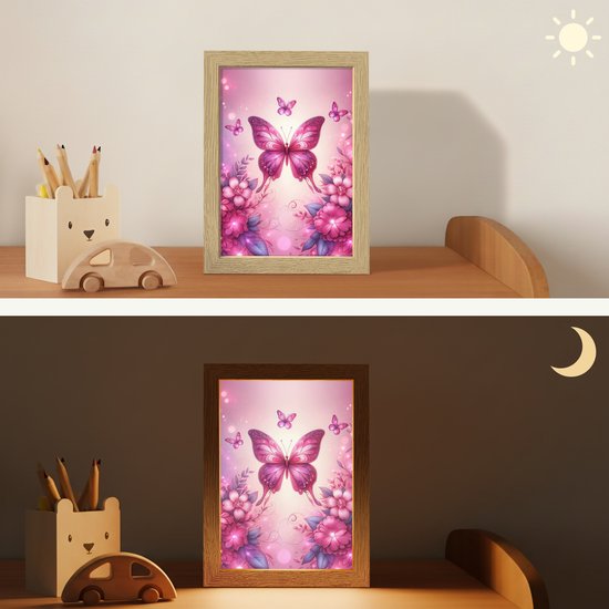 Nachtlampje 15x20 cm - Kinder lampje - Vlinder - Roze - Bloemen - Tafellamp kinderkamer - Slaapkamer lamp - Bedlamp kinderen - Kinderlampje stopcontact - Wandlamp babykamer - Nachtlampjes van Luzifi — afbeelding 4