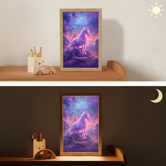 Nachtlampje 20x30 cm - Kinder lampje - Eenhoorn - Fantasy - Kasteel - Meisje - Paars - Roze - Tafellamp kinderkamer - Slaapkamer lamp - Bedlamp kinderen - Kinderlampje stopcontact - Wandlamp babykamer - Nachtlampjes van Merkloos — afbeelding 4