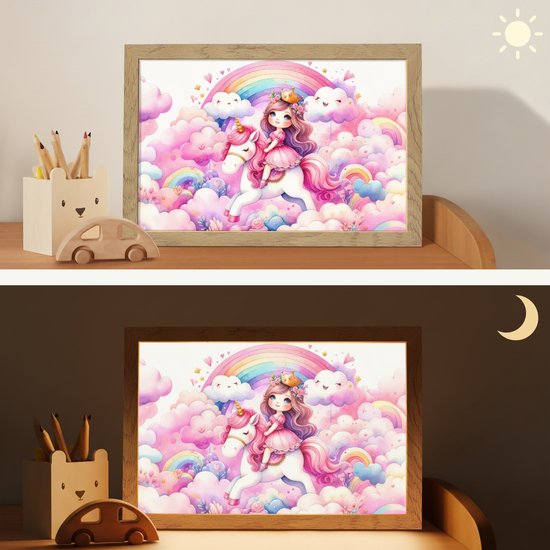 Nachtlampje 30x20 cm - Kinder lampje - Eenhoorn - Prinses - Unicorn - Roze - Regenboog - Tafellamp kinderkamer - Slaapkamer lamp - Bedlamp kinderen - Kinderlampje stopcontact - Wandlamp babykamer - Nachtlampjes van Merkloos — afbeelding 4