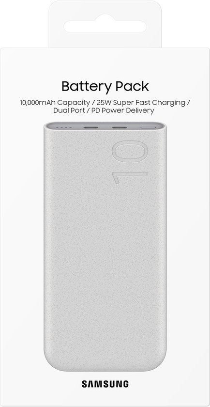 Verpakking van de Samsung powerbank, lichtgrijs met "10" erop.