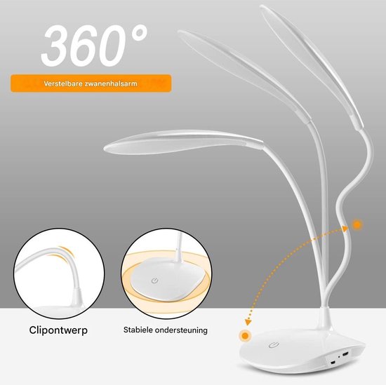 GELLDG Bureaulamp - Draadloze LED-bureaulamp - Geschikt voor thuis en op kantoor - 360° flexibele, verstelbare arm - Touchbediening - 3 helderheidsniveaus - Oplaadbaar - Dimbaar - Wit van GelldG — afbeelding 3