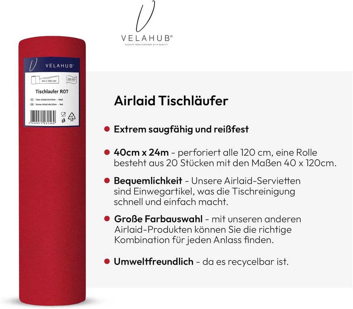 Airlaid Tafelloper 40 x 120 cm - 24 m op Rol - Rood - Wegwerp - Biologisch Afbreekbaar