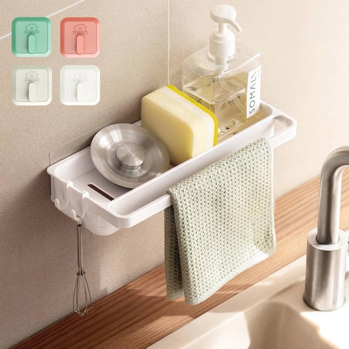 Witte Sponshouder met 4 Haken voor Gootsteen - Organiser caddy met Druppellade voor Keuken