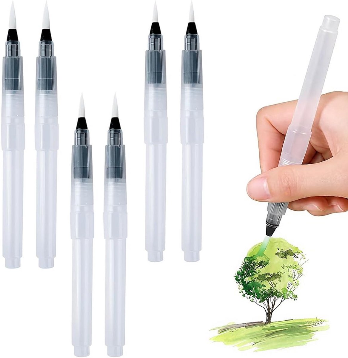 Set van 6 Navulbare Waterkwasten - Finetip Waterpenselen voor Acquarel en Schilderen