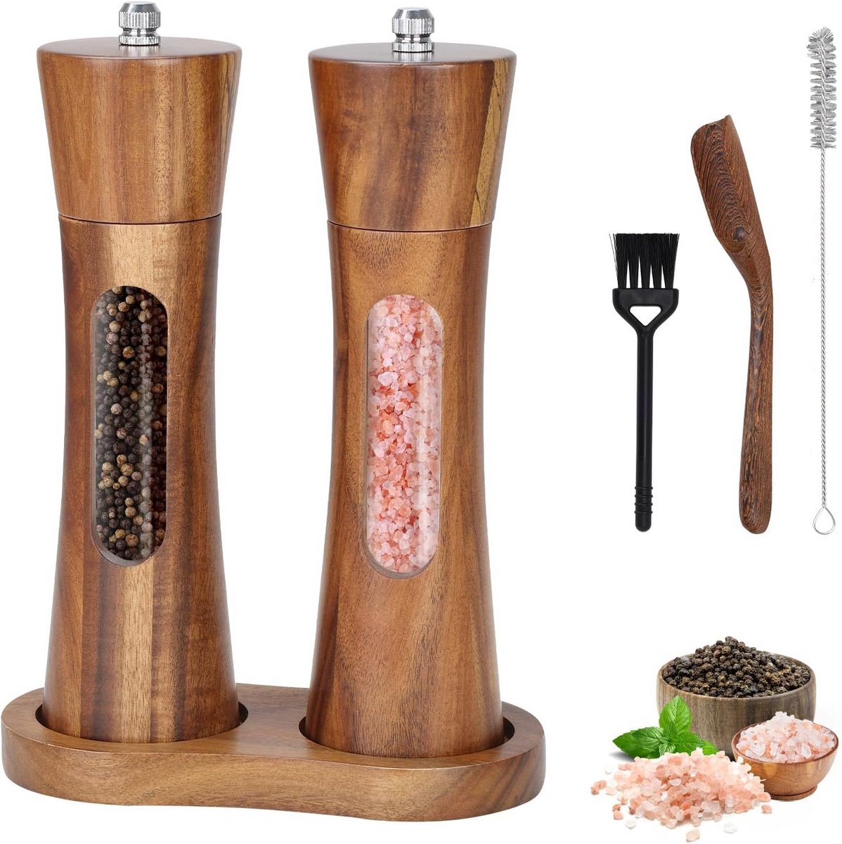 Houten zout- en pepermolenset voor keuken, 20 cm met verstelbare grofheid - Handmatige molens met borstel en lepel