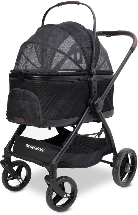 Zwarte 3-in-1 huisdierenbuggy met verstelbare kap, ademende mesh-ventilatie, dubbele opening en opbergmand.