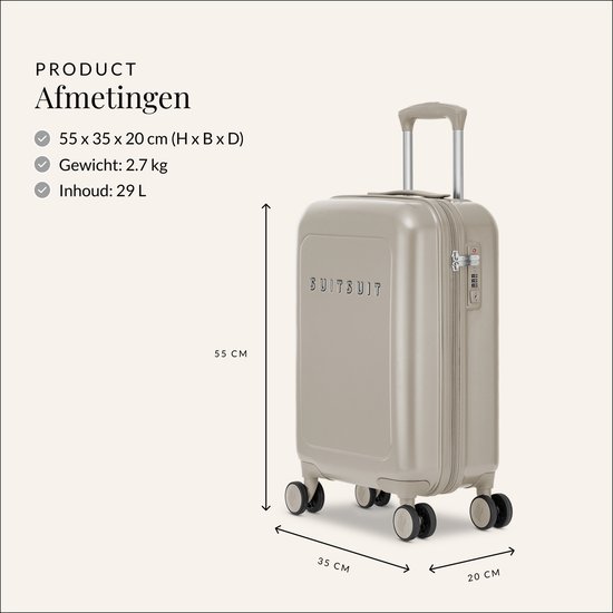Afmetingen van een beige SUITSUIT handbagage koffer: 55x35x20cm, 2.7 kg, 29L inhoud.