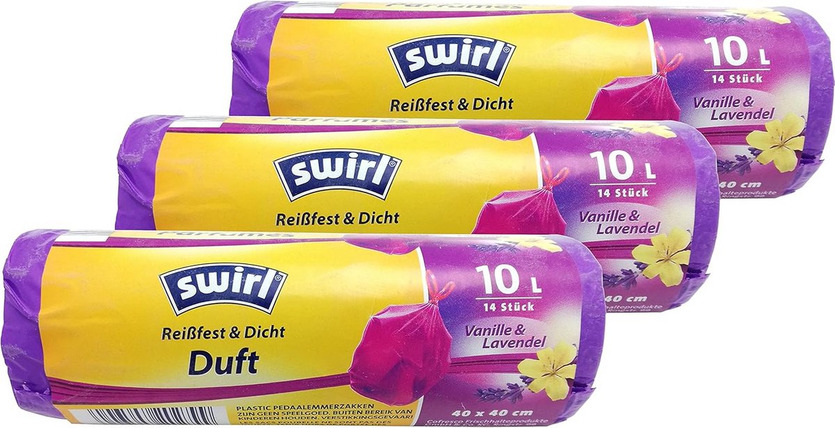 Geurvuilniszakken met Trekkoord, 10 Liter, 3 Rollen, Vanille-Lavendel