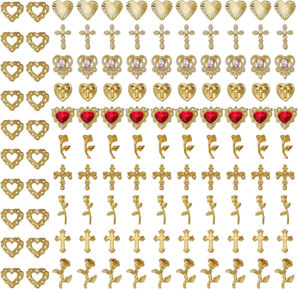 Allecta - Nagelhangers 120 stuks in gouden kruis en roze harten voor 3D-nagelkunst - DIY decoraties.