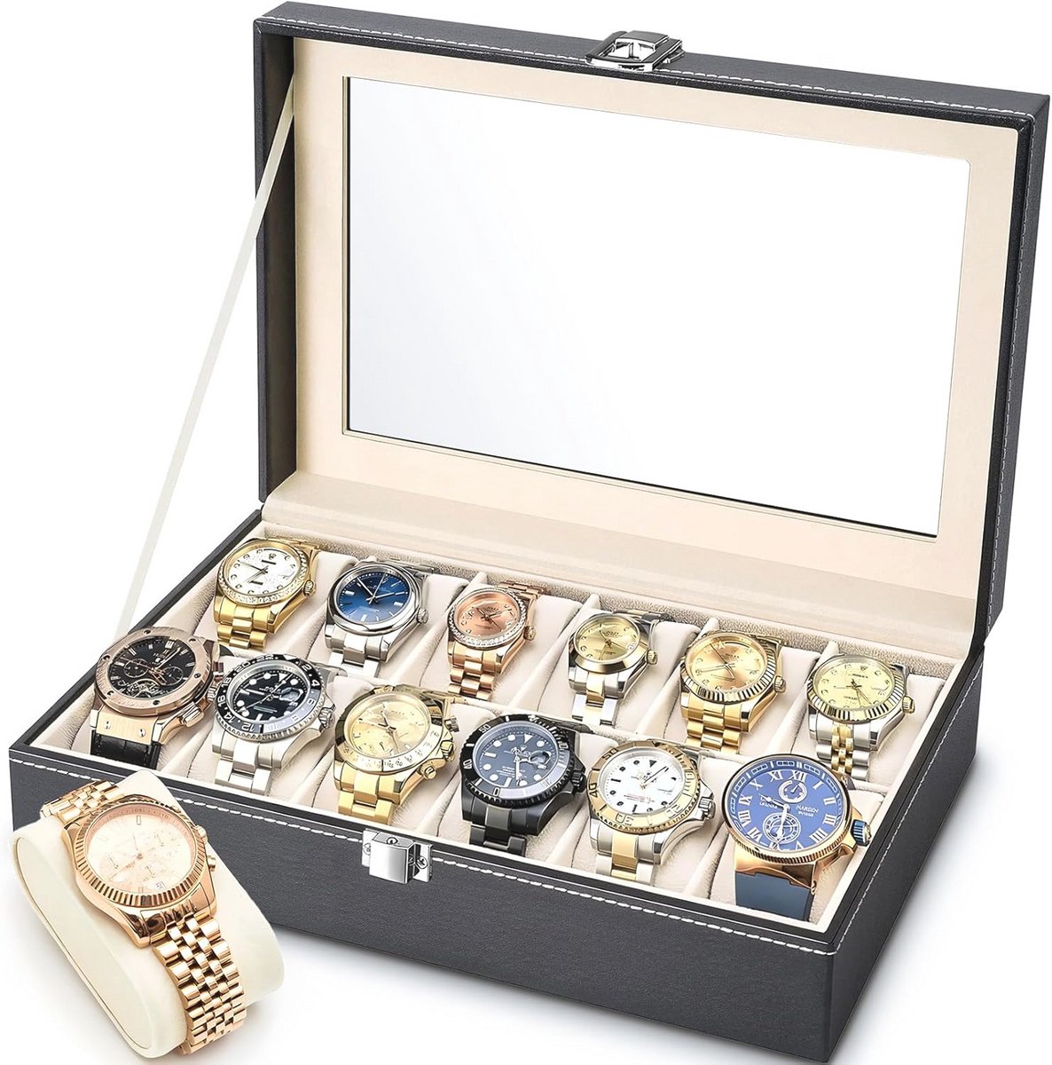 Horlogekast met 12 vakken - Afsluitbaar horlogedoosje met glazen deksel en afneembare kussens