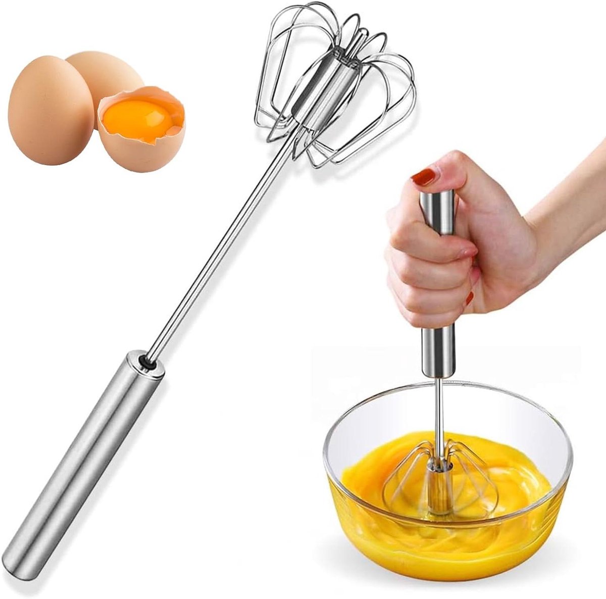 Allecta - Roterende eiermixer van roestvrij staal voor koken en mixen met sneeuwborstel
