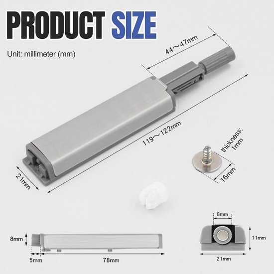 Gedotec Druksnapper Push To Open Deuropener, Zwart, Lange Versie Met Buffer Openingsondersteuning 956a1006 Drukopener Voor Kastdeuren Laden En Meubels 1 Stuk Snapper Tip On 789170024