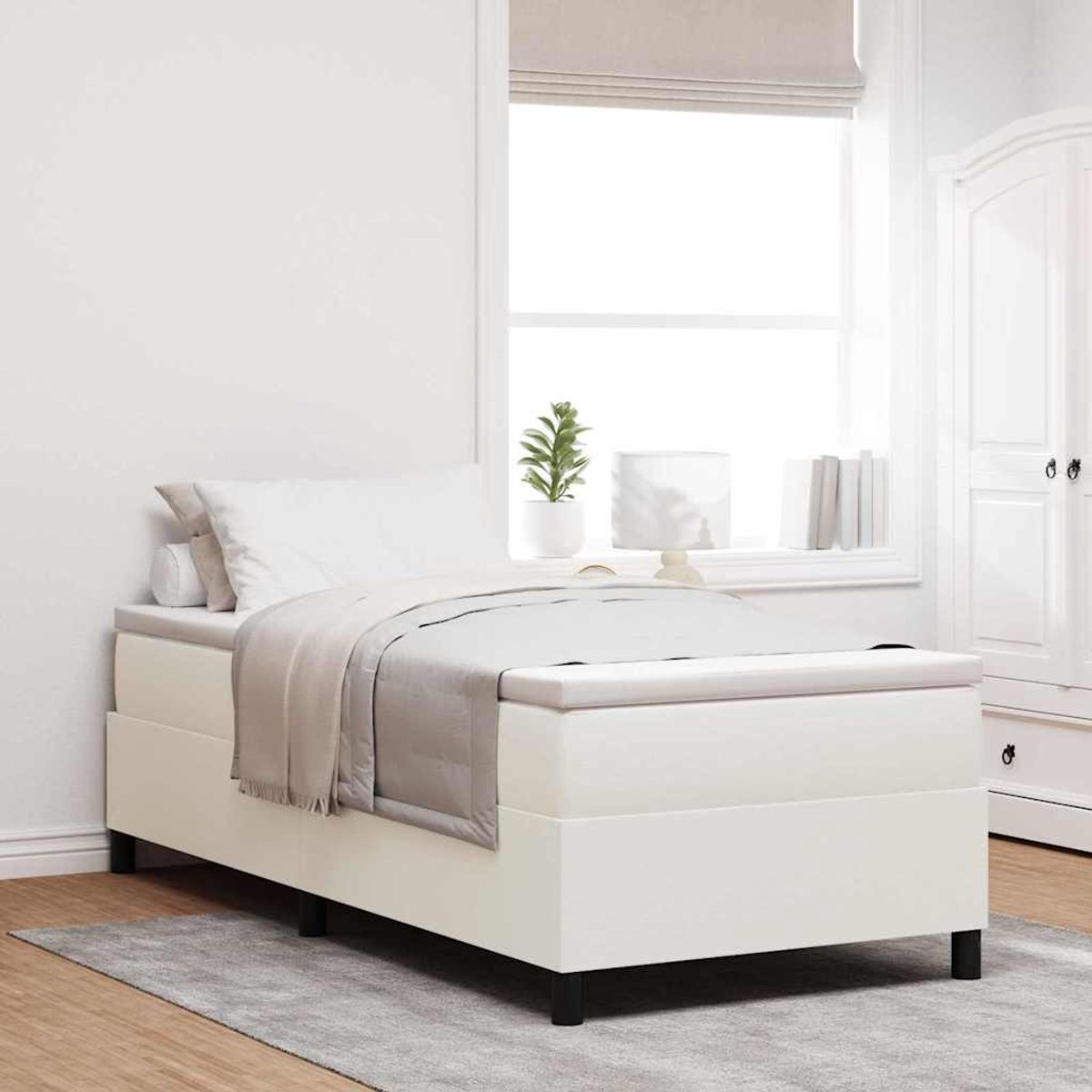 Eenpersoonsbed | Tienerbed | Volwassenenbed Boxspring bed Crème en Wit 203 x 90 x 60 cm Katoenen stof