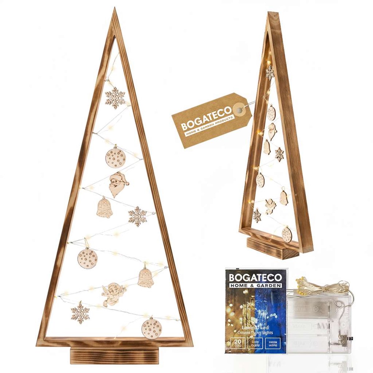 BOGATECO Kerstboom van hout met LED 104cm hoog grijs | Inclusief houten decoratie | Kerstversiering | 100 LED's | Bruine