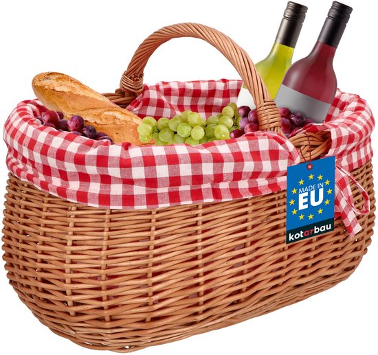 KOTARBAU® Panier en Rotin, avec Poignée, Osier, 46 x 32 x 43 cm, Naturel - Panier aux Champignons, Panier à Provisions, avec Doublure en Tissu à Carreaux Rouges, Panier de Récolte, Naturel