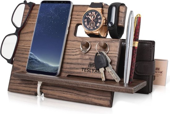 TESLYAR Houten Dockingstation Met Lade – Bureaorganizer Voor Telefoon, Sleutels En Horloge – Cadeau Voor Mannen