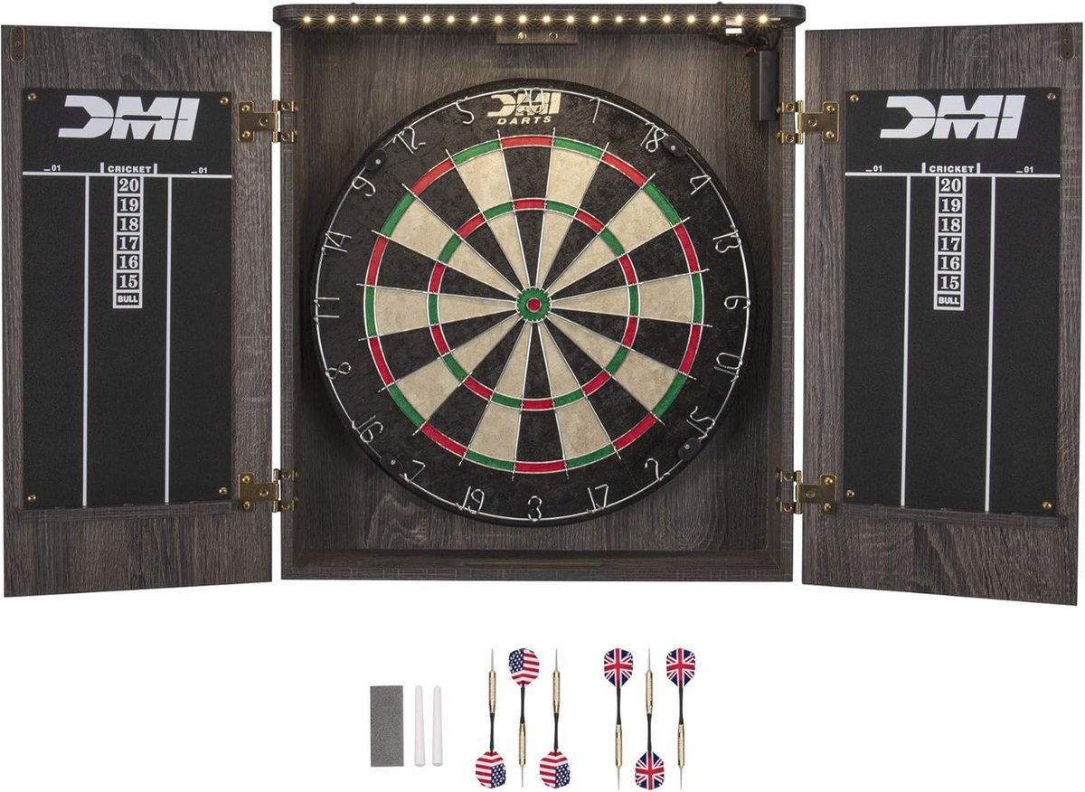 DMI Sports Dartbord kabinetsets met varkenshaar - inclusief LED-verlichting of elektronische scoreoptie