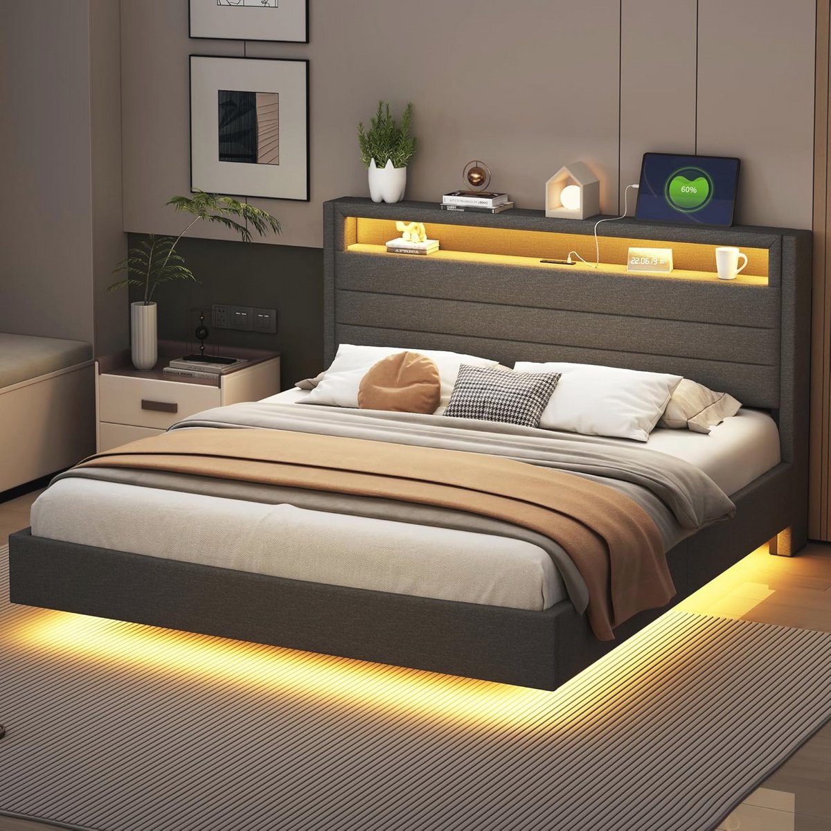 Gestoffeerd Bed 160x200 cm met USB en Ledlicht - Modern en Multifunctioneel