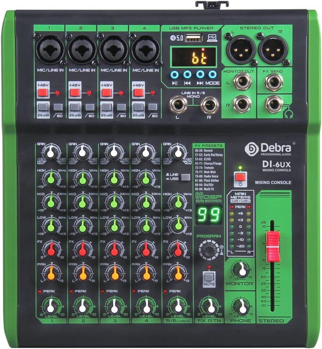 Professionele 4-Kanaals DJ Mixer met 99 DSP Effecten en USB/MP3 Ingang