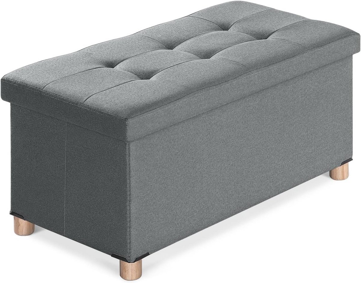 Linnen opbergpoef met houten poten - Multifunctionele ottomaanse bank voor woonkamer - Grijs - 76 x 38 x 38 cm