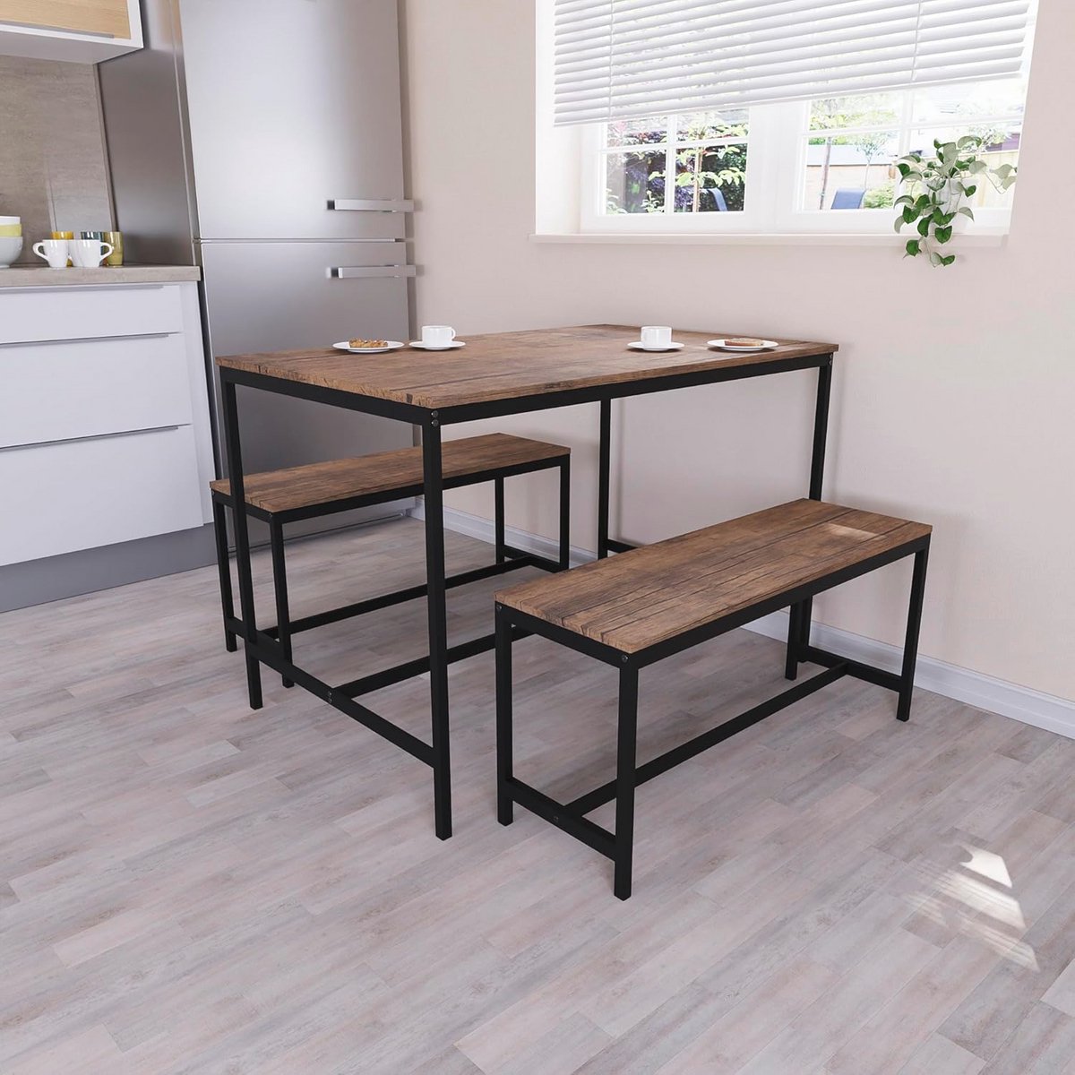 Vida Designs Roslyn Eettafel voor 4 personen met 2 banken, 3-delige set, eetkamermeubels, massief metalen frame (betongrijs)