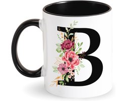 Tarklanda Initial bloemen mok letters koffiemok porseleinen mok ontbijtkopjes zwart gepersonaliseerde geschenken voor vrouwen, vrouw, moeder voor verjaardag, Moederdag, Kerstmis (B)