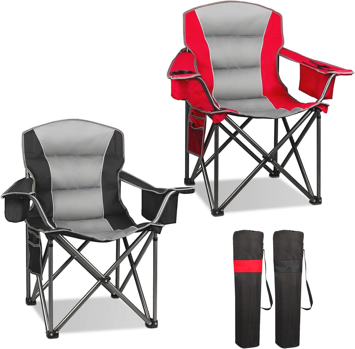 Oversized Campingstoelen 2 Stuks Met Koeltas en Bekerhouder - Draagbare Heavy Duty Stoelen voor Outdoor, Vissen en Tuin, Ondersteuning Tot 150 kg