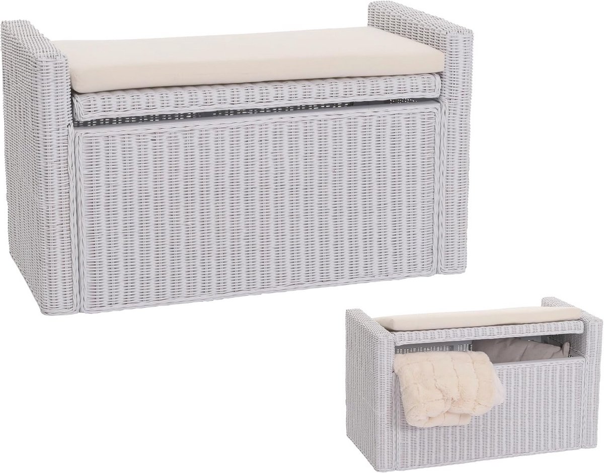 Zitbank met Opbergruimte en Kussen - Witte Rotan Garderobebank 88cm
