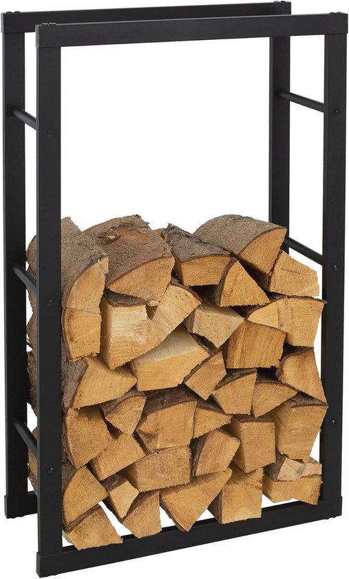 DanDiBo Brandhoutrek voor binnen, metaal, zwart, 120 cm, met achterwand aan de muur, hangend, houten mand, haardhouthouder, houten rek (hoogte 120 cm
