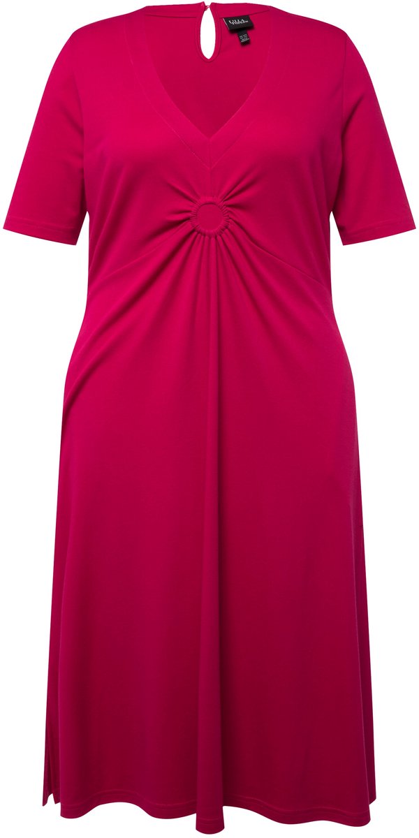 Ulla Popken - Dames - Jersey midi-jurk A-lijn V-hals halve mouwen - Fuchsiaroze - Maat 46+