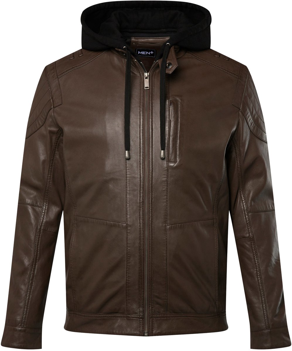 Men Plus - Heren - Leren jack leer jersey-capuchon rits - Hazelnoot - Maat XL