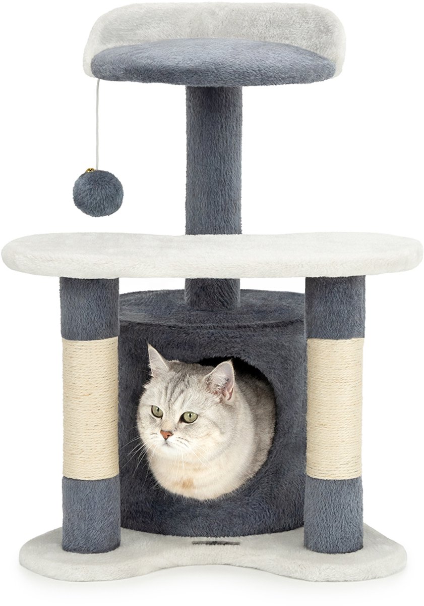 lionto kattenkrabpaal, knus huisje, sisal & speelbal, 65 cm grijs/wit