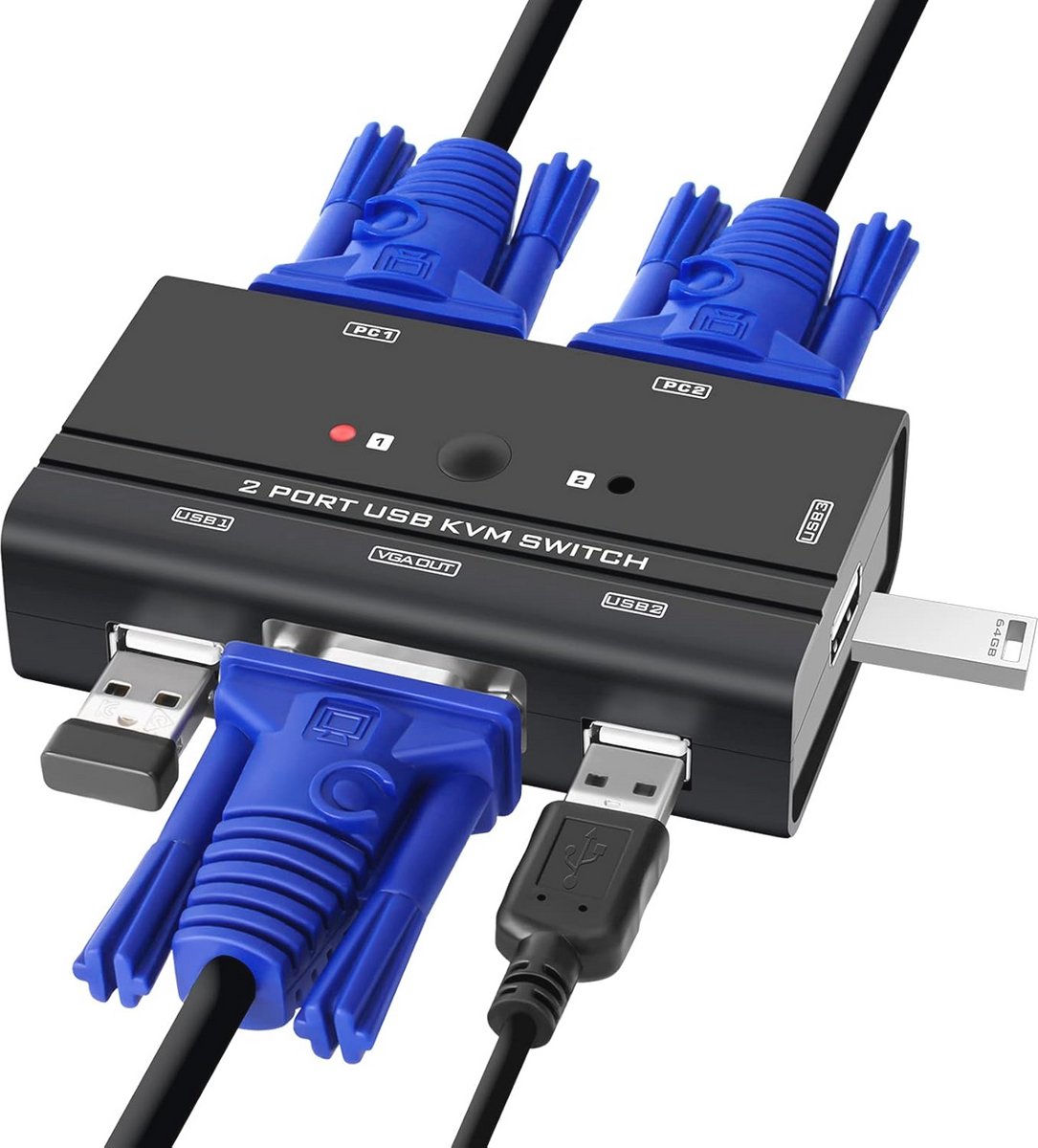 KVM-switch voor 2 computers met 1 monitor en 3 USB-poorten