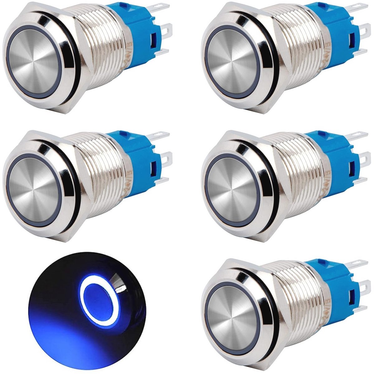 Drukknopschakelaar 16 mm met LED-verlichting - Waterdicht - 12V/24V - 5 Stuks