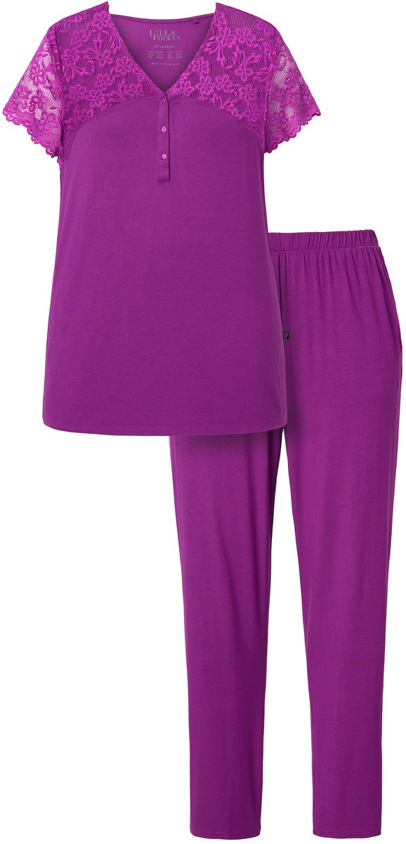 Ulla Popken Dames - Pyjama kant V-hals halflange mouw van kant - Licht pruim - Maat 54+