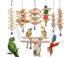 Natuurlijk Houten Papegaaien- en Parkietspeelgoed - Schommel en Hangende Klok voor Vogels - Perfect Vogelkooi Accessoire