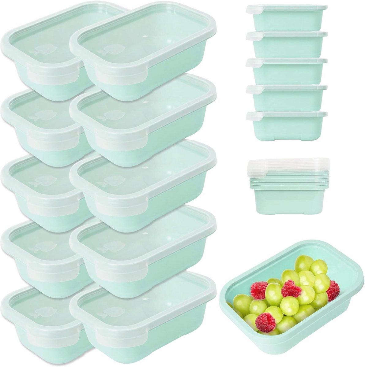 Voedselcontainers - 10 stuks van 500 ml, duurzame kunststof, magnetron- en vaatwasmachinebestendig met groen deksel