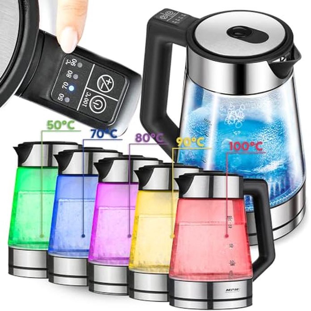 LED Waterkoker met Temperatuurregeling van 50-100 °C, Glazen en RVS Behuizing, 2200 W